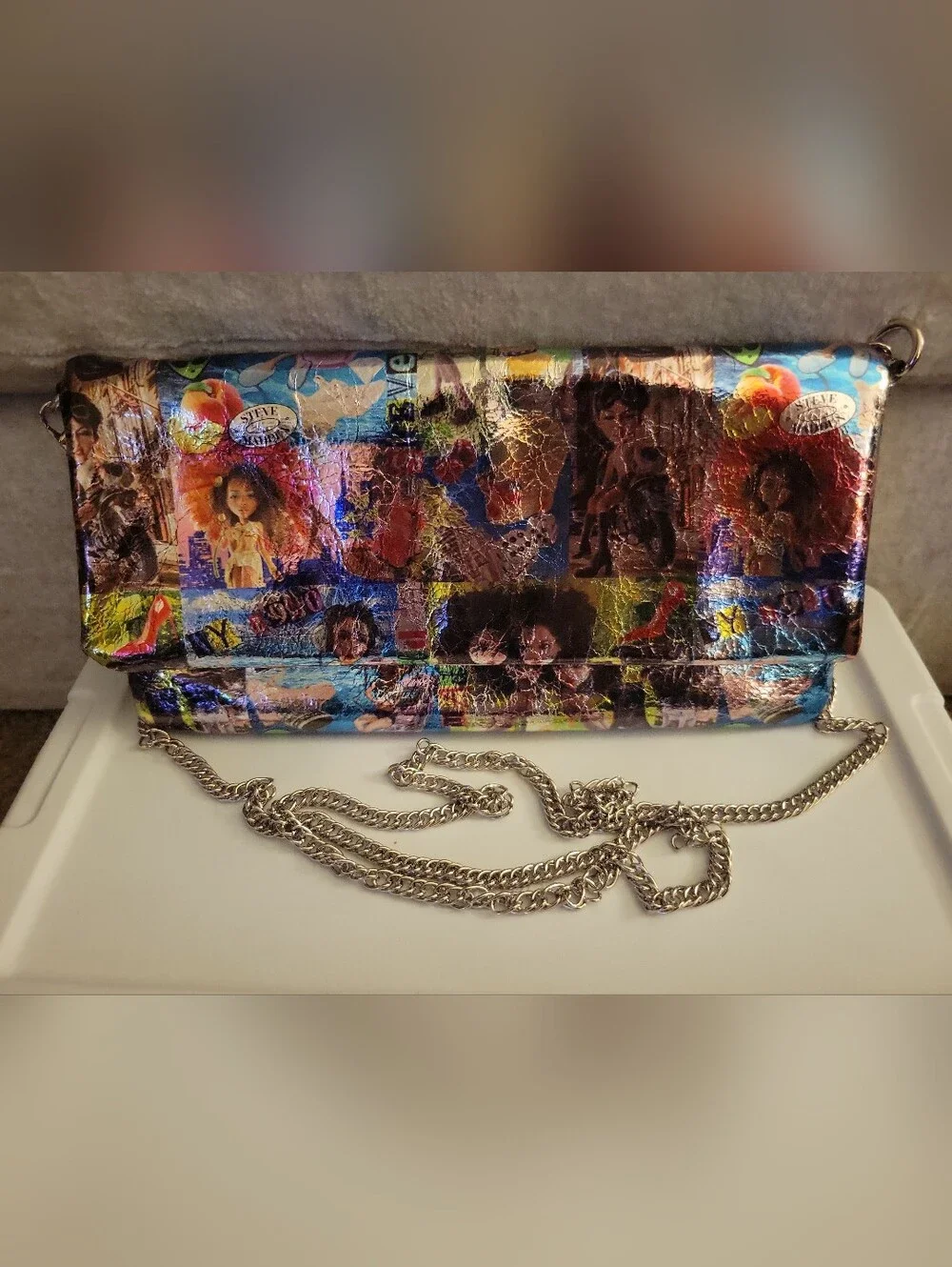 Steve Madden Comic Print Crossbody Clutch Bag Metallic Multicolor